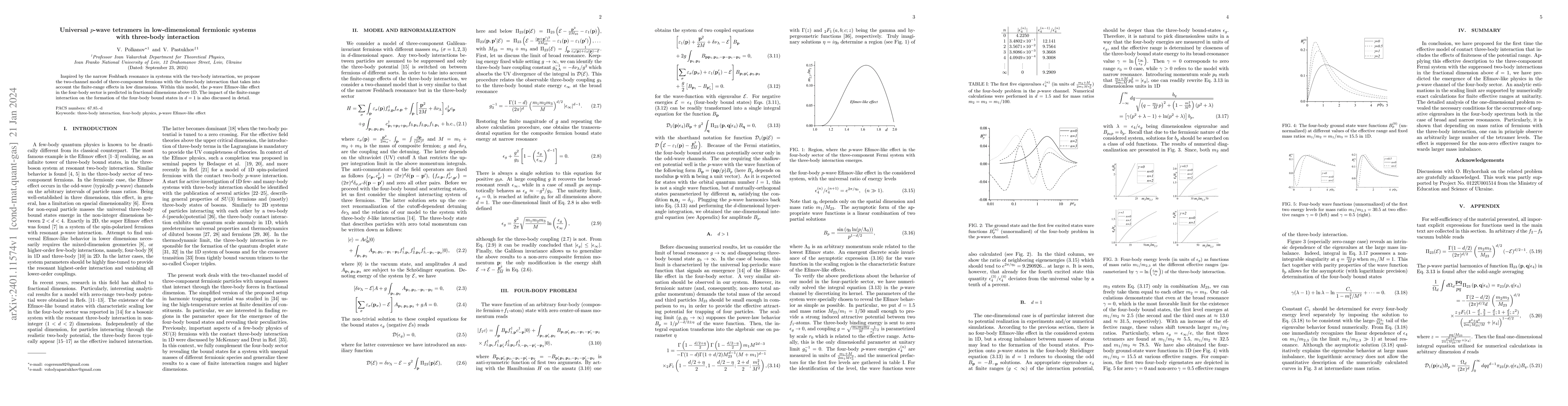 Thumbnail for Universal $p$-wave tetramers in low-dimensional fermionic systems with
  three-body interaction