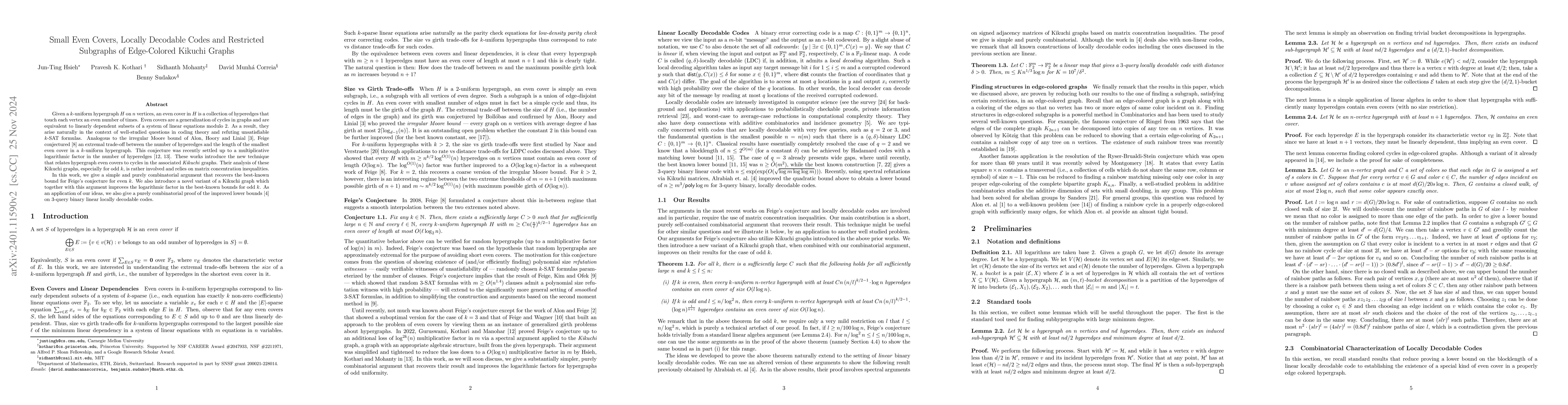 Thumbnail for Small Even Covers, Locally Decodable Codes and Restricted Subgraphs of
  Edge-Colored Kikuchi Graphs