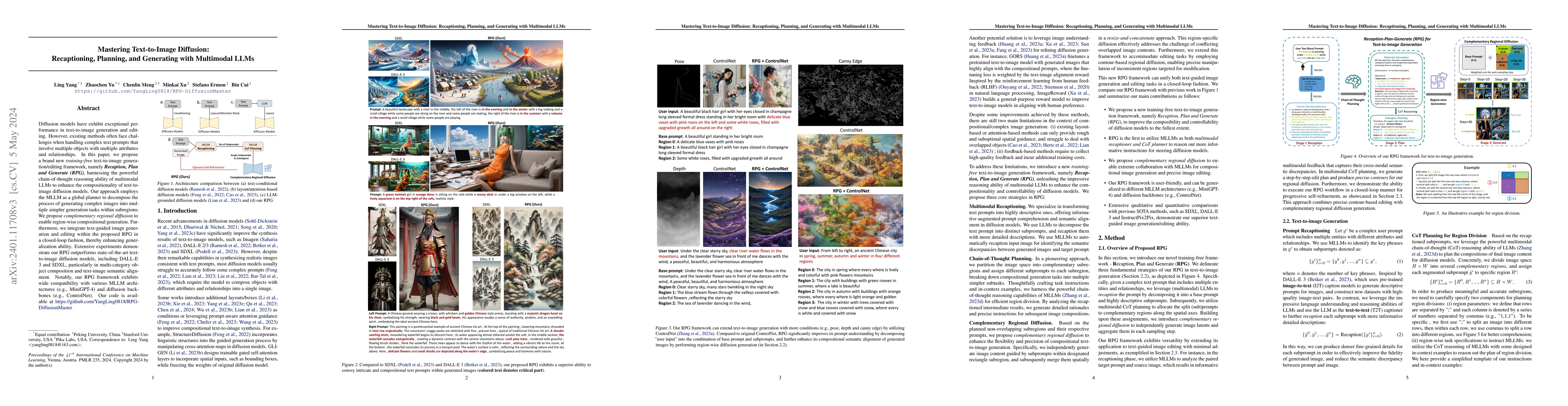 Thumbnail for Mastering Text-to-Image Diffusion: Recaptioning, Planning, and
  Generating with Multimodal LLMs