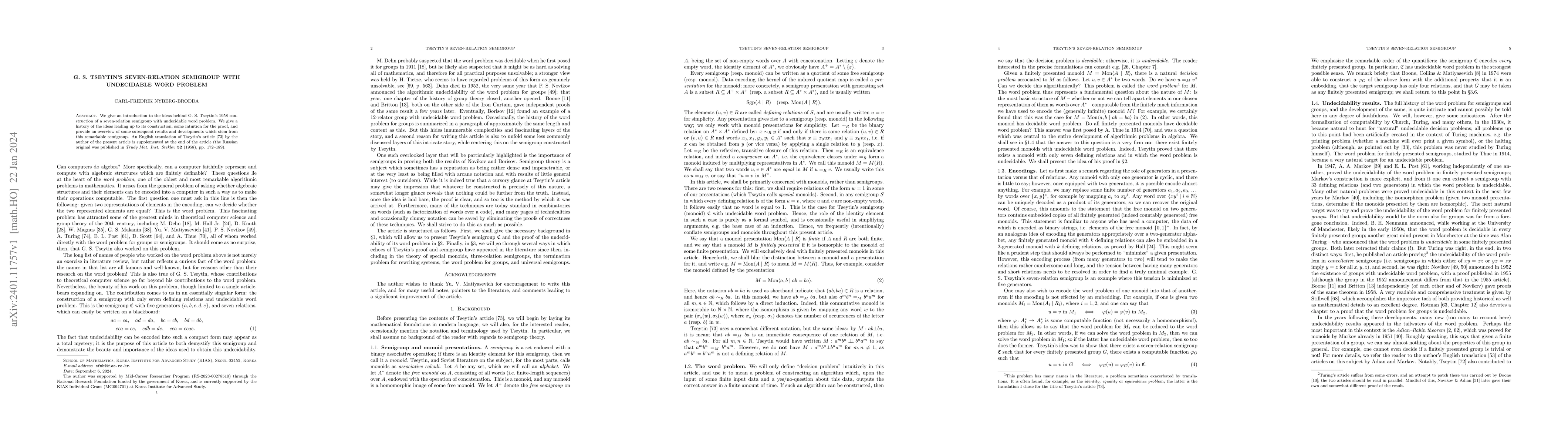 Thumbnail for G. S. Tseytin's seven-relation semigroup with undecidable word problem