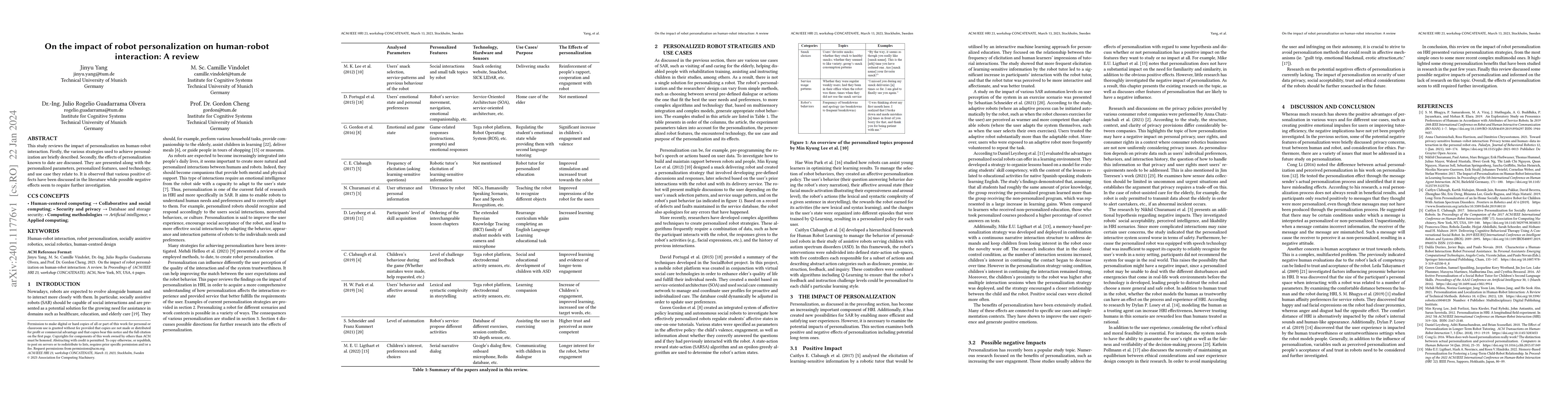 Thumbnail for On the impact of robot personalization on human-robot interaction: A
  review