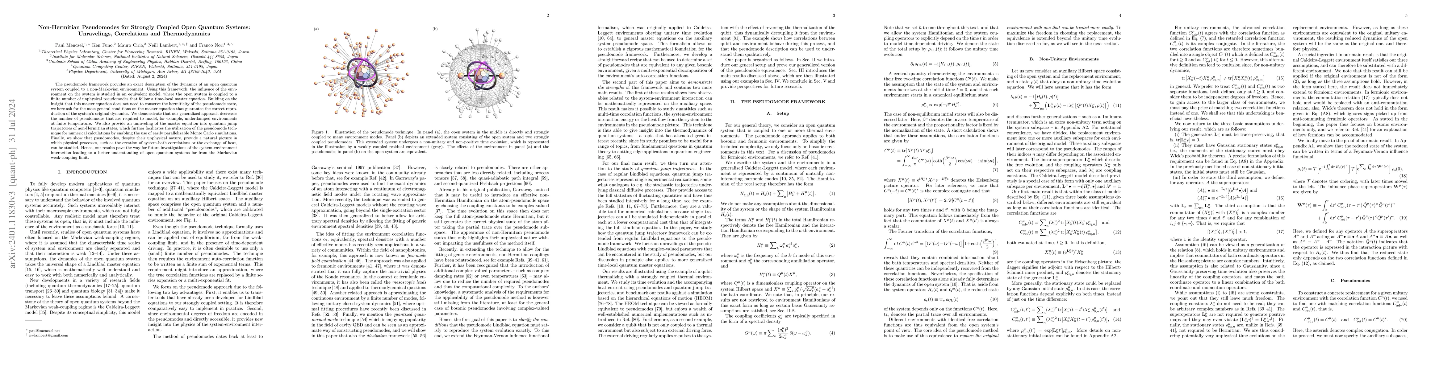 Thumbnail for Non-Hermitian Pseudomodes for Strongly Coupled Open Quantum Systems:
  Unravelings, Correlations and Thermodynamics