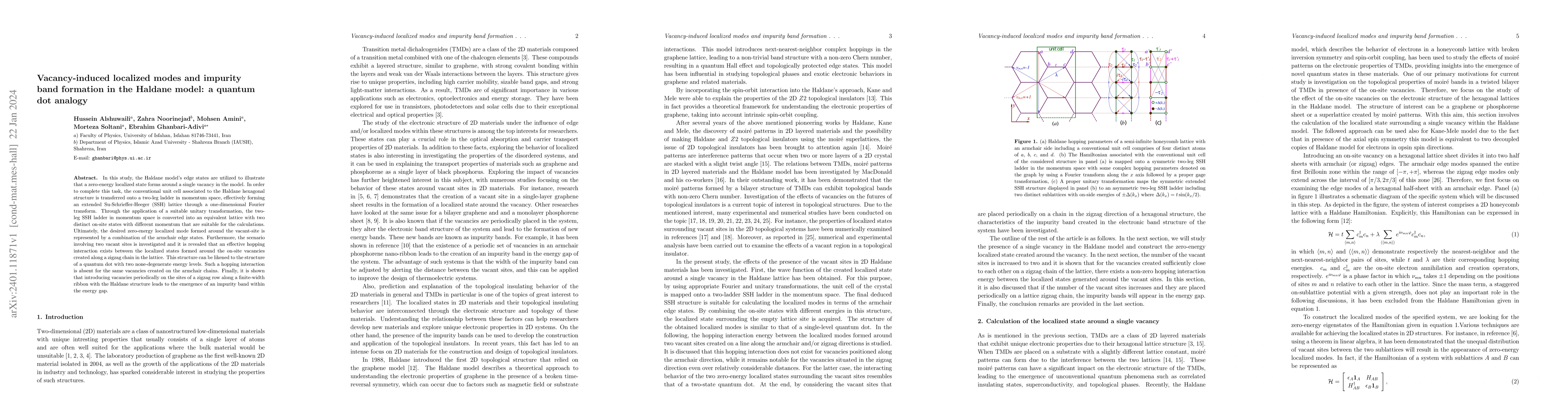 Thumbnail for Vacancy-induced localized modes and impurity band formation in the
  Haldane model: a quantum dot analogy