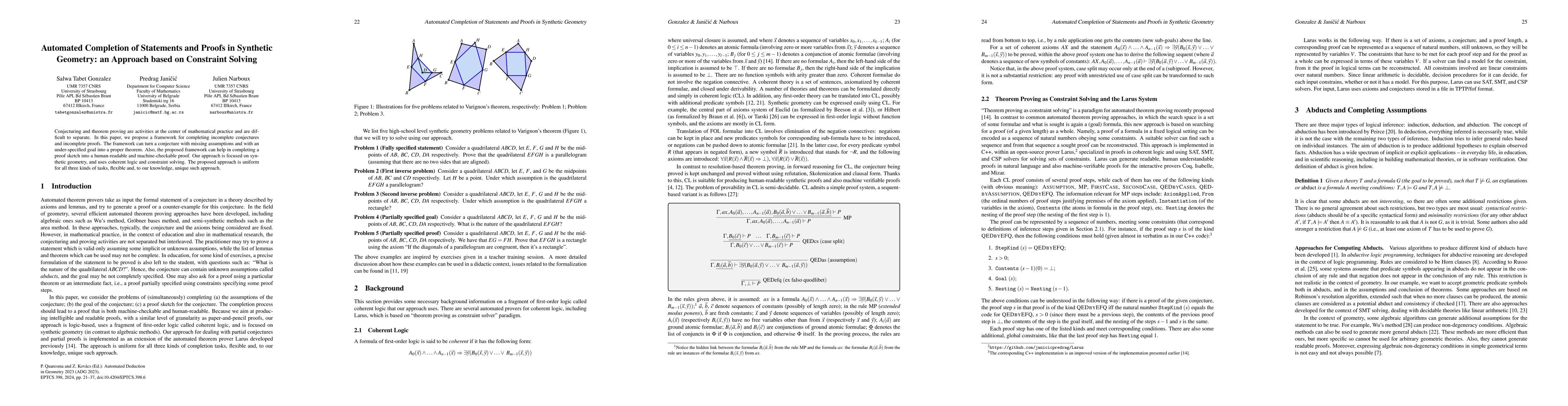 Thumbnail for Automated Completion of Statements and Proofs in Synthetic Geometry: an
  Approach based on Constraint Solving