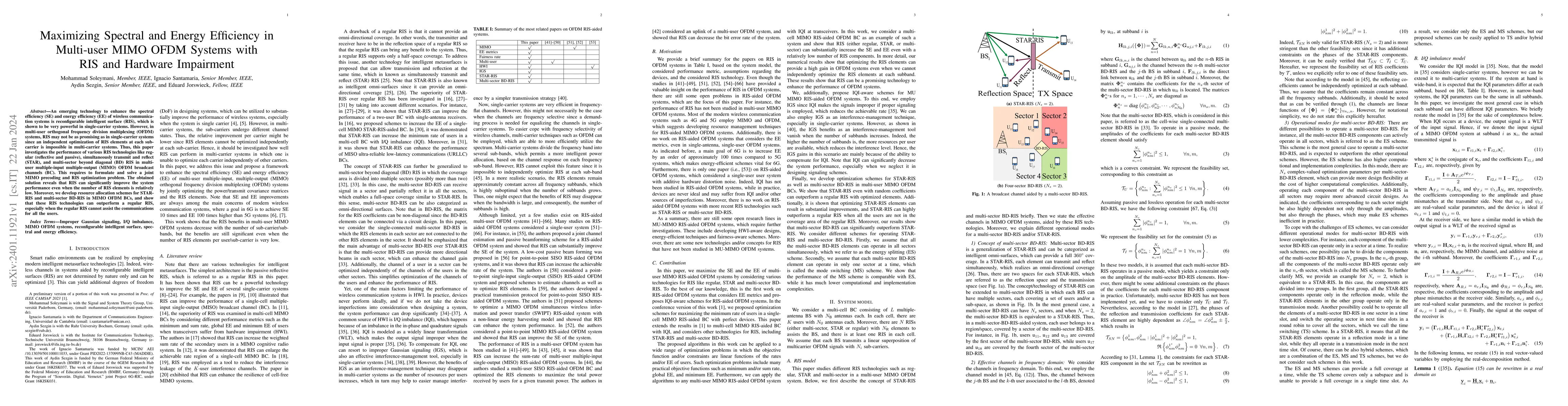 Thumbnail for Maximizing Spectral and Energy Efficiency in Multi-user MIMO OFDM
  Systems with RIS and Hardware Impairment