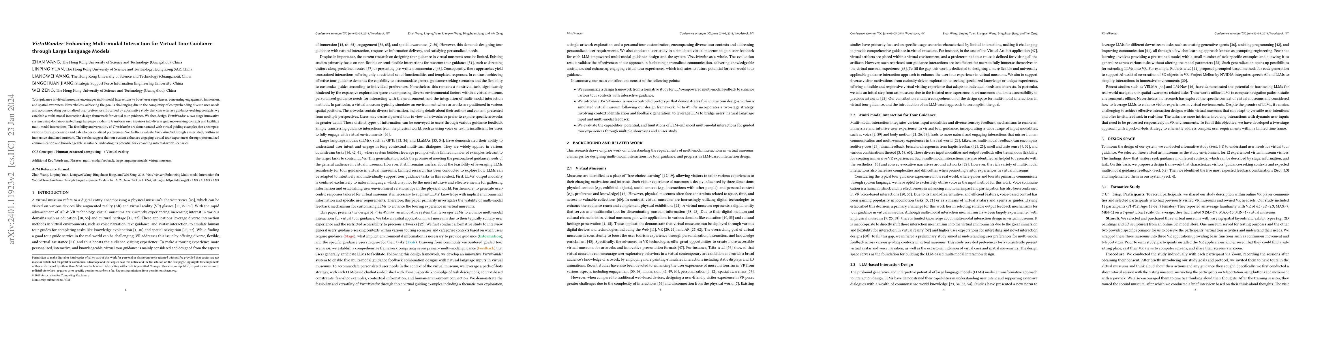 Thumbnail for VirtuWander: Enhancing Multi-modal Interaction for Virtual Tour Guidance
  through Large Language Models