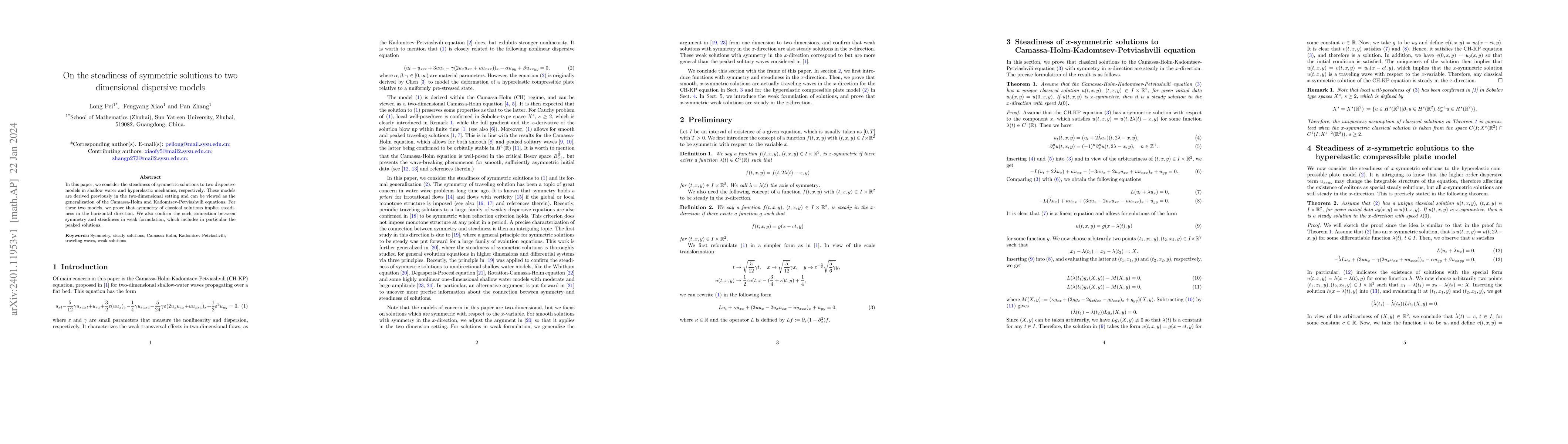 Thumbnail for On the steadiness of symmetric solutions to two dimensional dispersive
  models