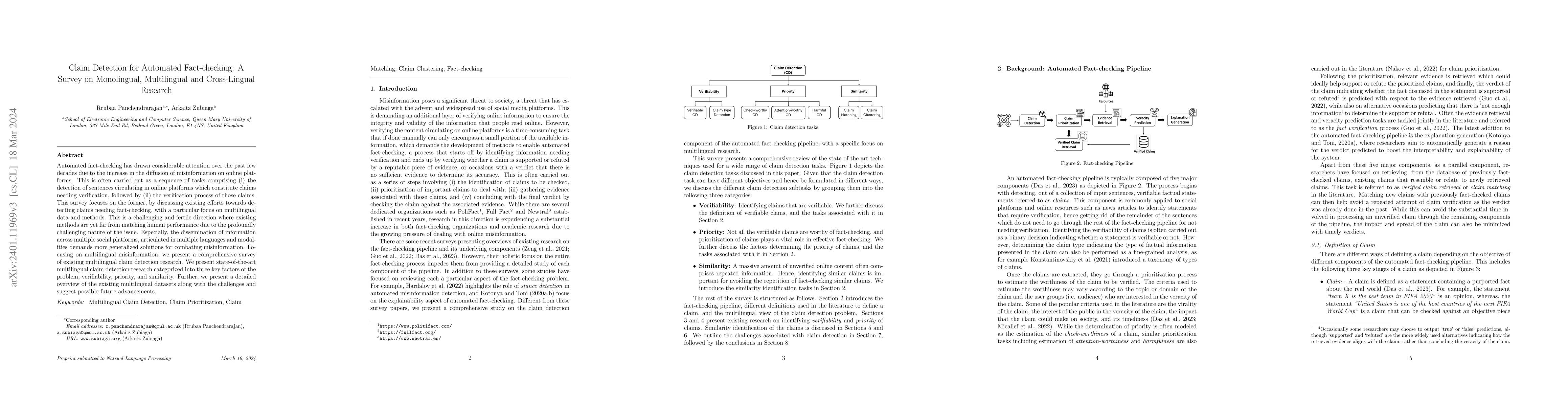 Thumbnail for Claim Detection for Automated Fact-checking: A Survey on Monolingual,
  Multilingual and Cross-Lingual Research