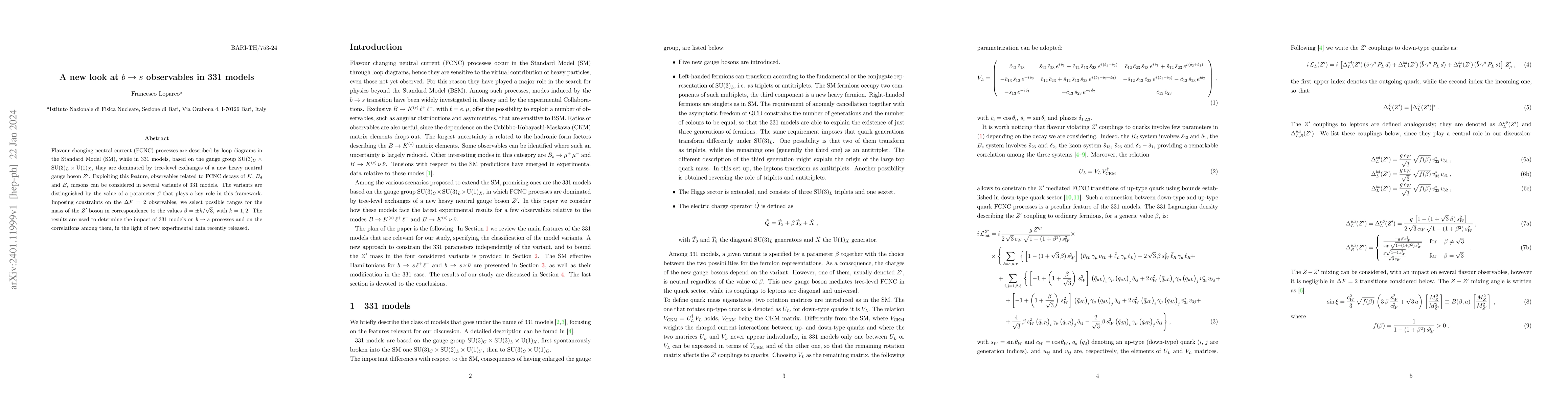Thumbnail for A new look at $b \to s$ observables in 331 models