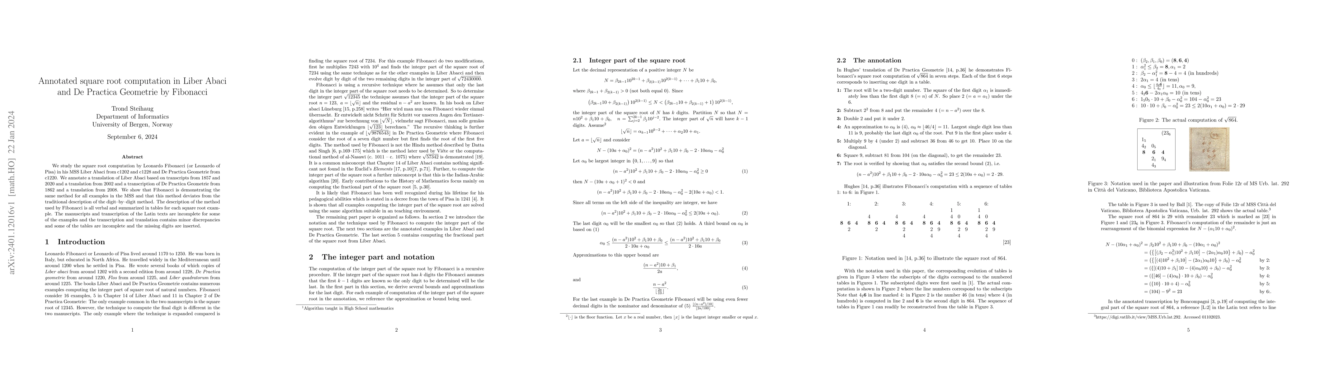 Thumbnail for Annotated square root computation in Liber Abaci and De Practica
  Geometrie by Fibonacci