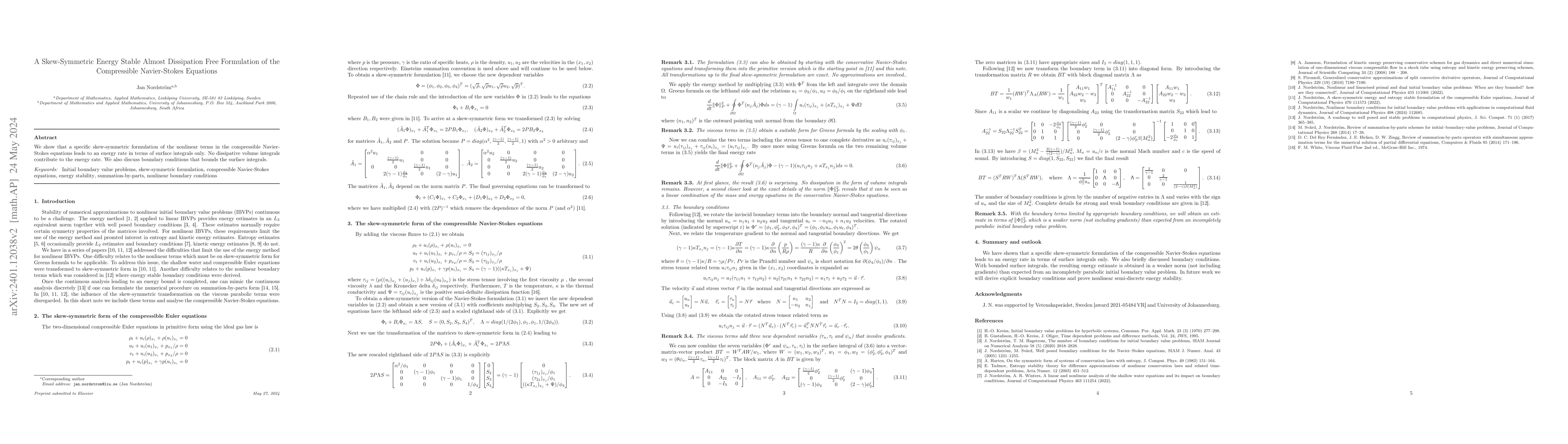 Thumbnail for A Skew-Symmetric Energy Stable Almost Dissipation Free Formulation of
  the Compressible Navier-Stokes Equations