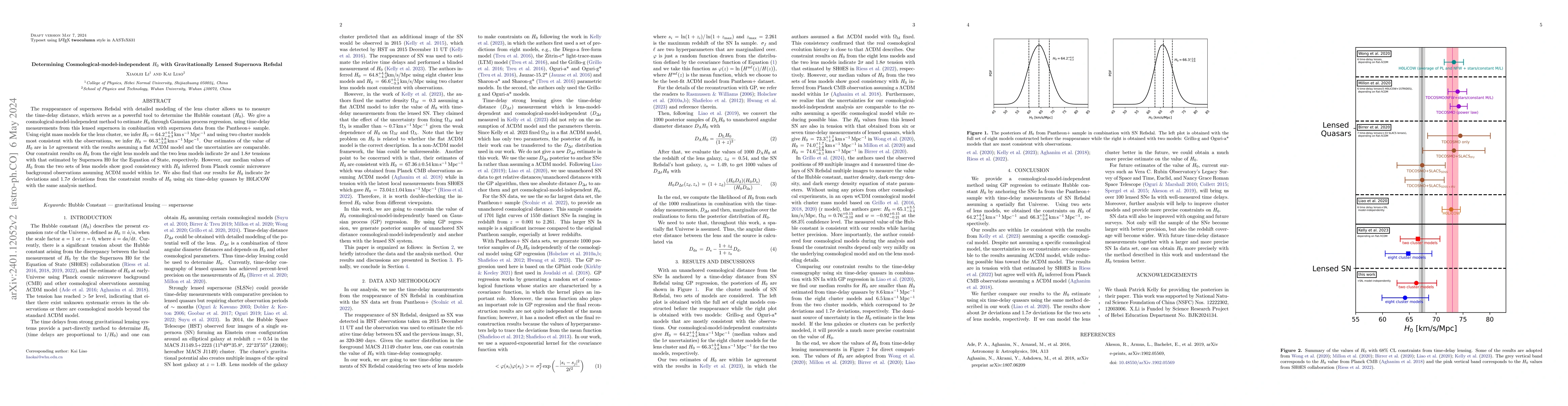 Thumbnail for Determining Cosmological-model-independent $H_0$ with Gravitationally
  Lensed Supernova Refsdal