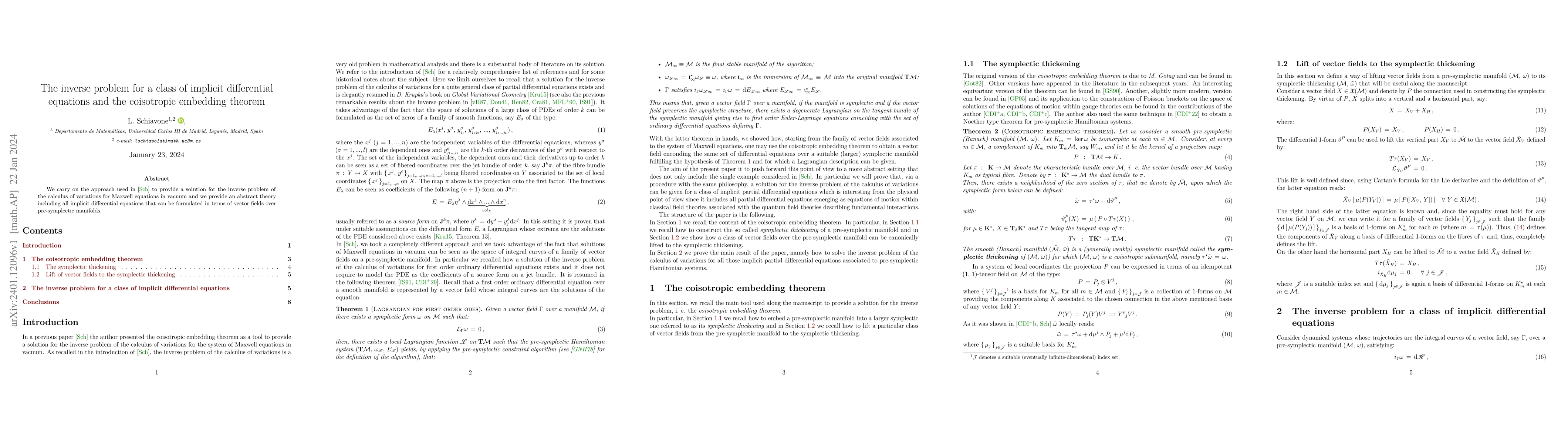 Thumbnail for The inverse problem for a class of implicit differential equations and
  the coisotropic embedding theorem