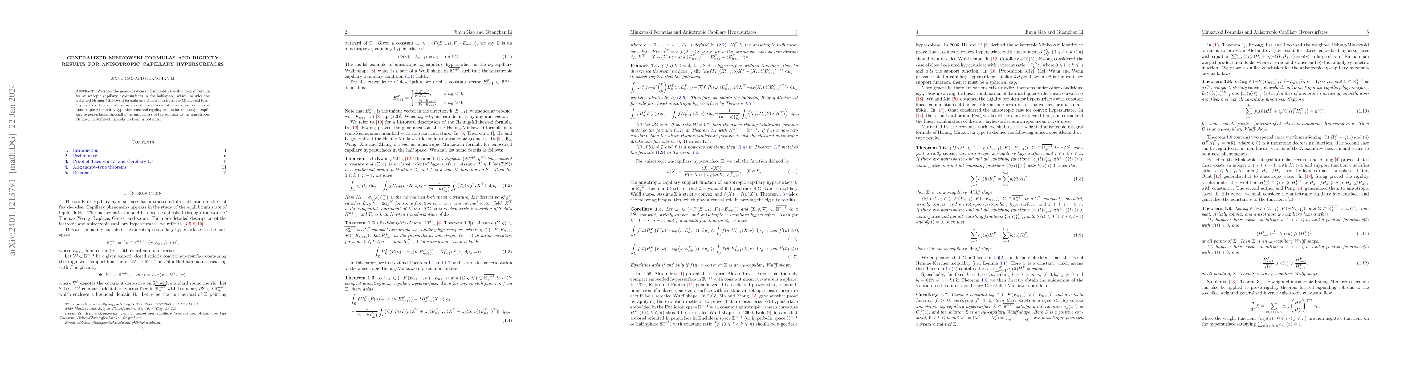 Thumbnail for Generalized Minkowski formulas and rigidity results for anisotropic
  capillary hypersurfaces