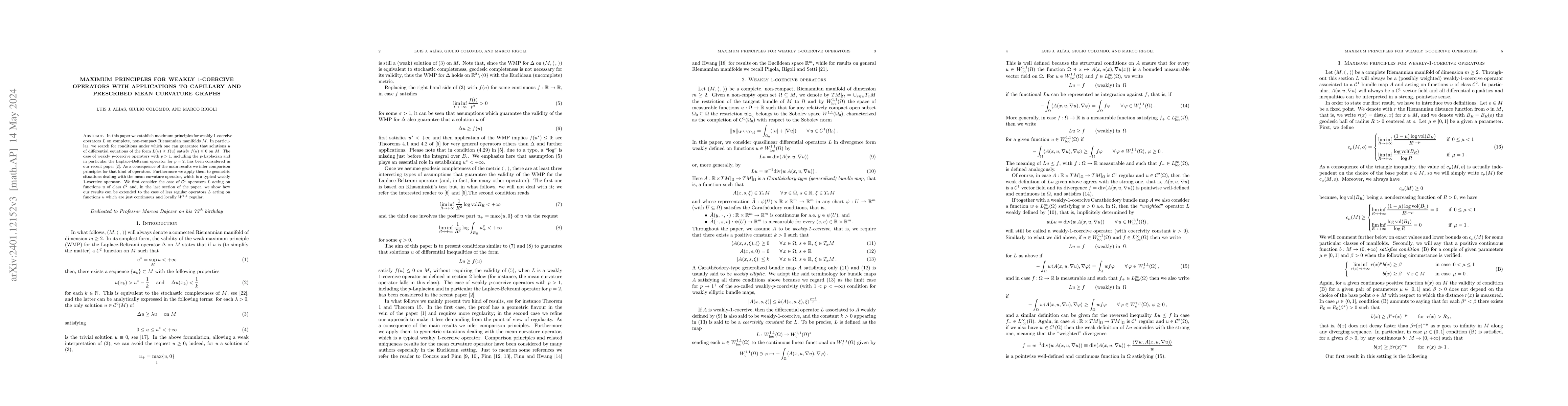 Thumbnail for Maximum principles for weakly $1$-coercive operators with applications
  to capillary and prescribed mean curvature graphs