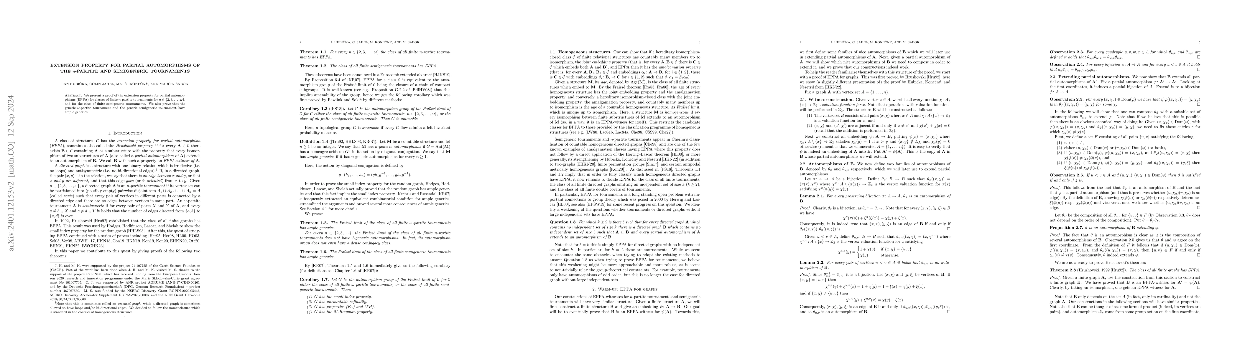 Thumbnail for Extension property for partial automorphisms of the $n$-partite and
  semigeneric tournaments
