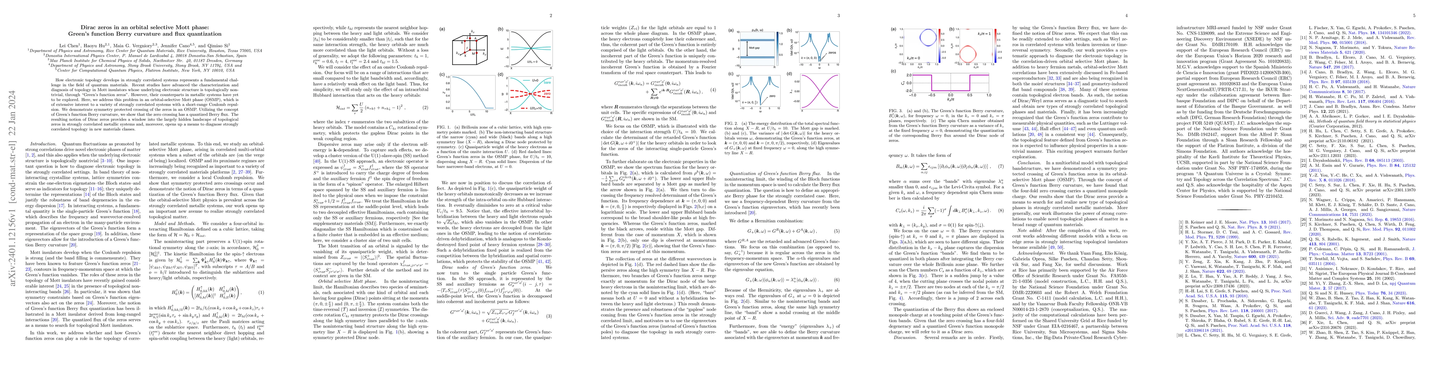 Thumbnail for Dirac zeros in an orbital selective Mott phase: Green's function Berry
  curvature and flux quantization