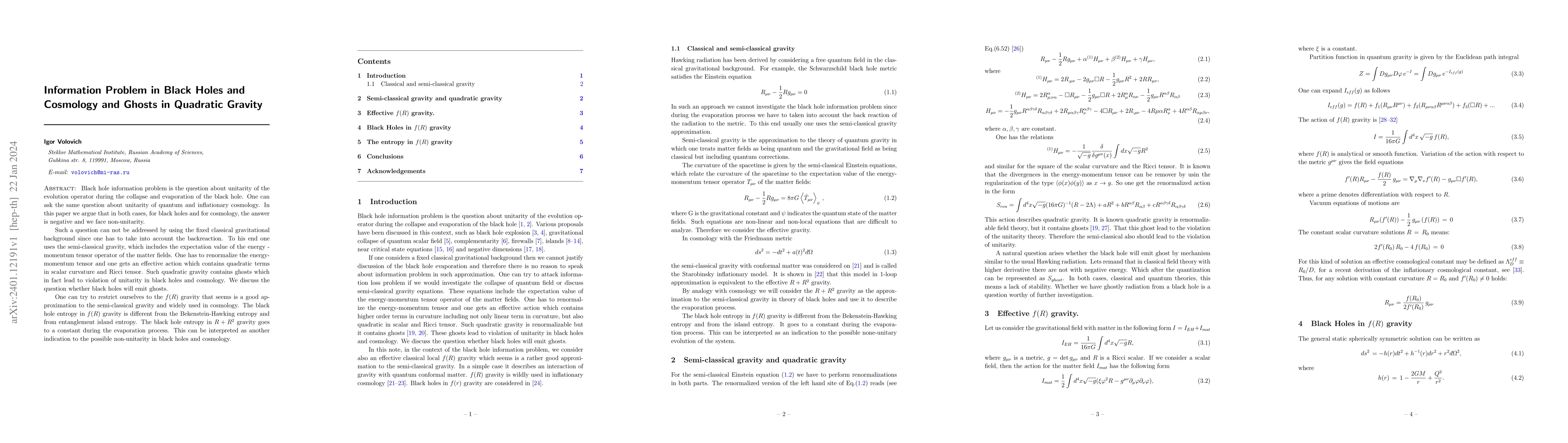 Thumbnail for Information Problem in Black Holes and Cosmology and Ghosts in Quadratic
  Gravity