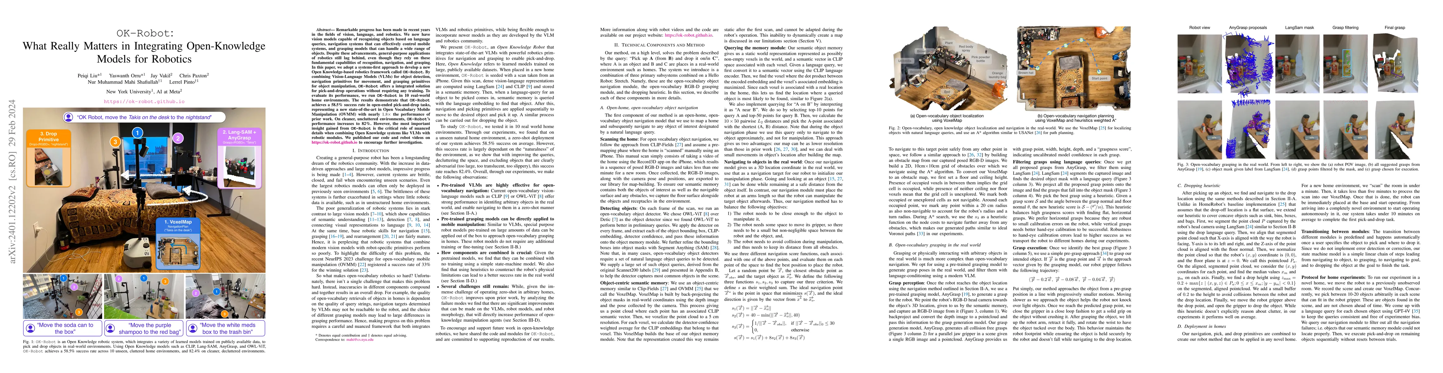 Thumbnail for OK-Robot: What Really Matters in Integrating Open-Knowledge Models for
  Robotics