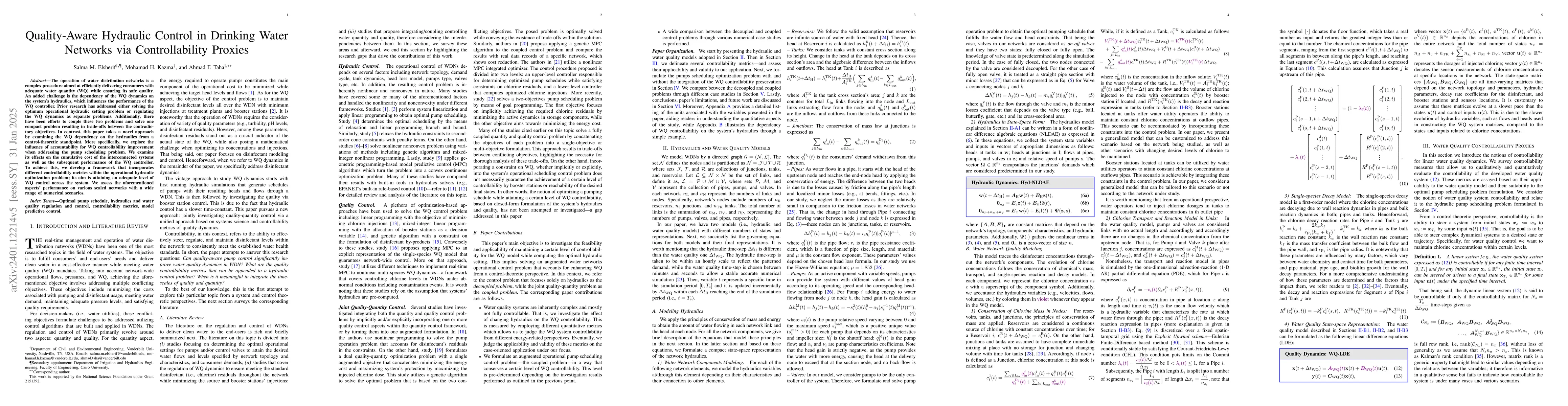 Thumbnail for Quality-Aware Hydraulic Control in Drinking Water Networks via
  Controllability Proxies
