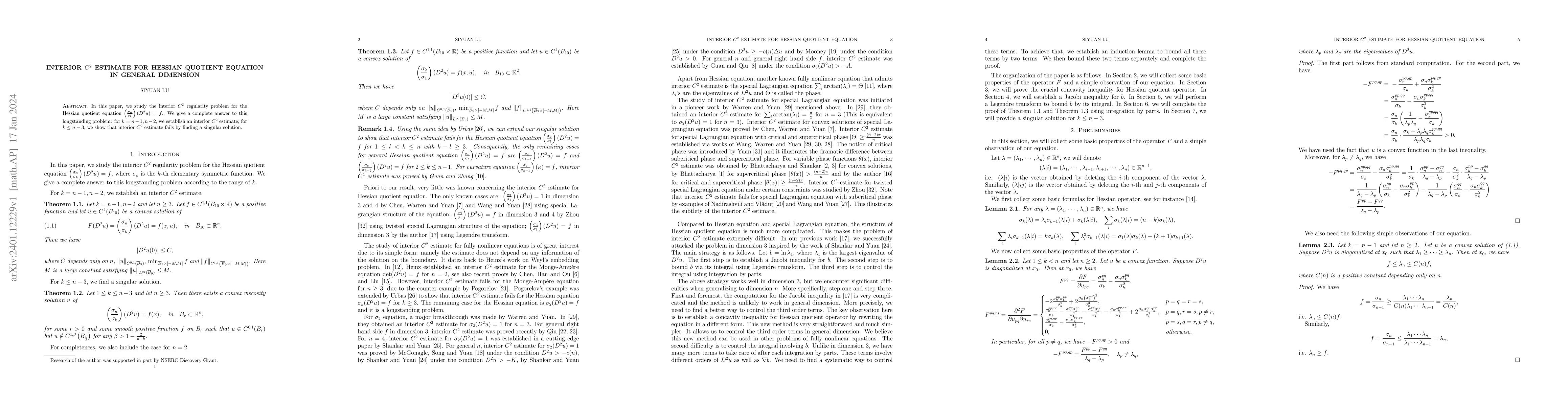 Thumbnail for Interior $C^2$ estimate for Hessian quotient equation in general
  dimension