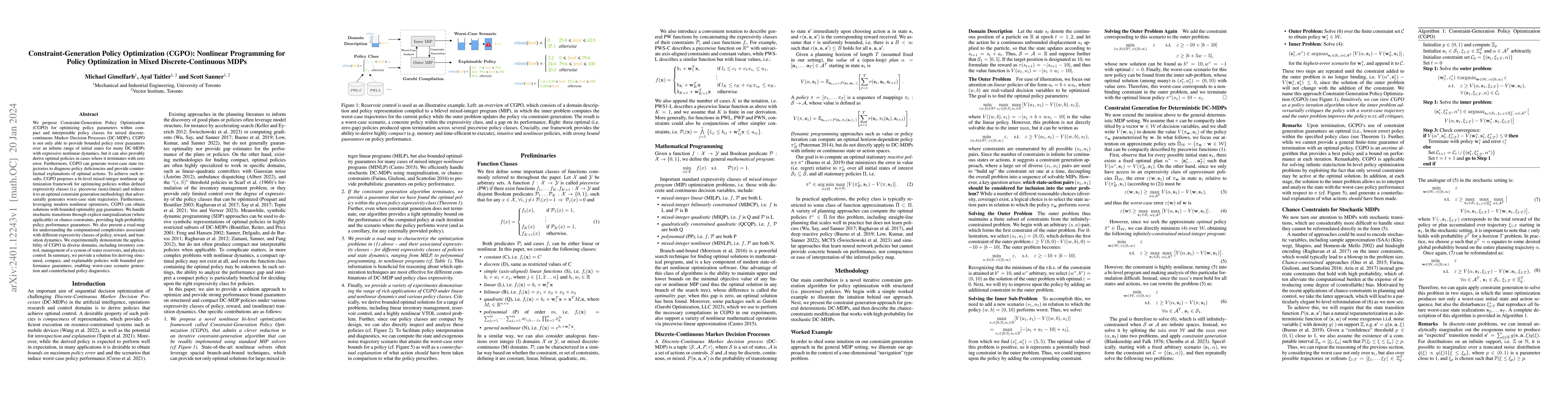 Thumbnail for Constraint-Generation Policy Optimization (CGPO): Nonlinear Programming
  for Policy Optimization in Mixed Discrete-Continuous MDPs