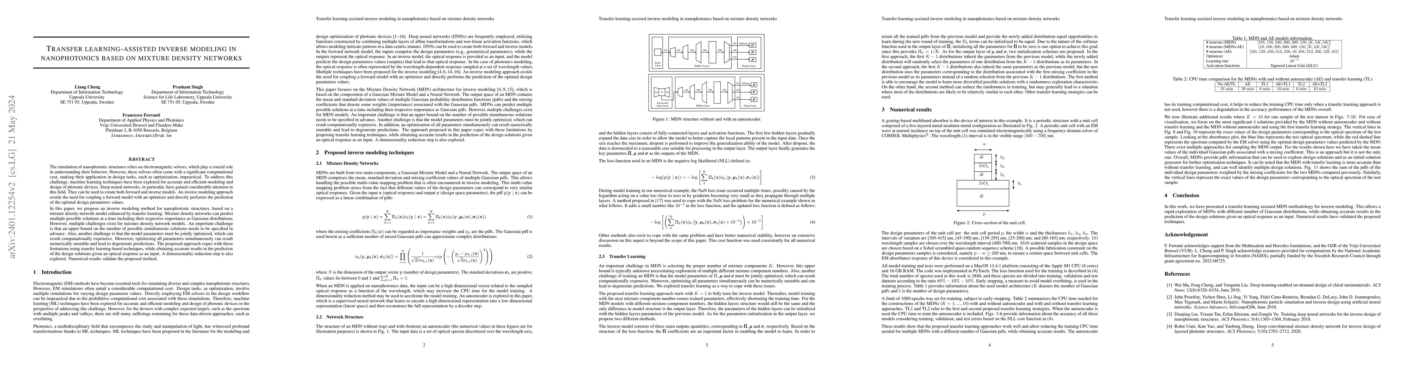 Thumbnail for Transfer learning-assisted inverse modeling in nanophotonics based on
  mixture density networks