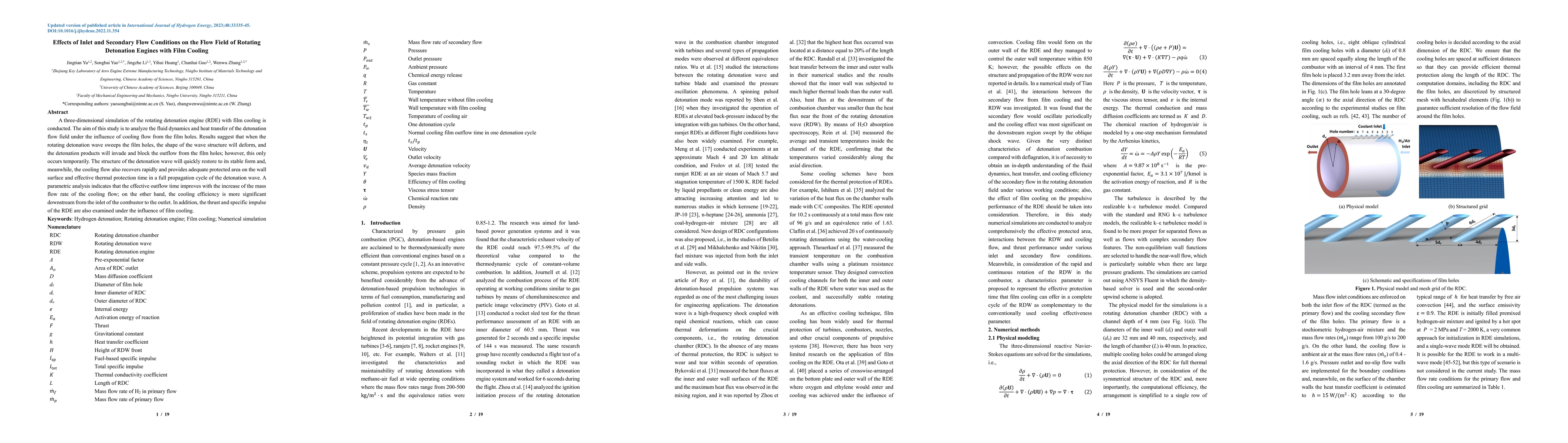 Thumbnail for Effects of inlet and secondary flow conditions on the flow field of
  rotating detonation engines with film cooling