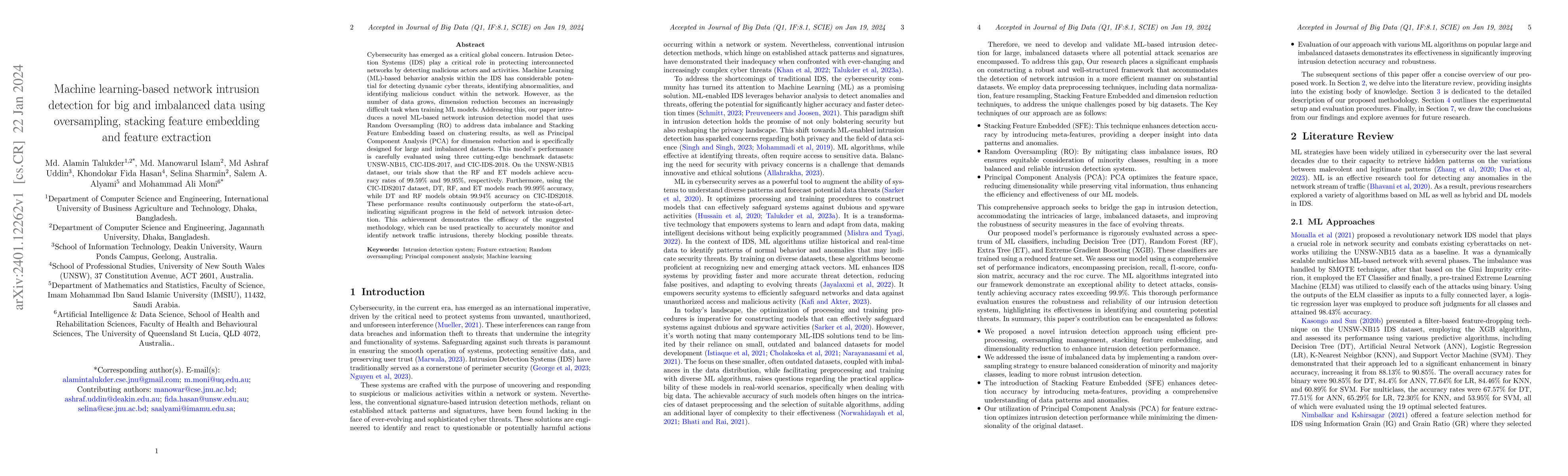 Thumbnail for Machine learning-based network intrusion detection for big and
  imbalanced data using oversampling, stacking feature embedding and feature
  extraction