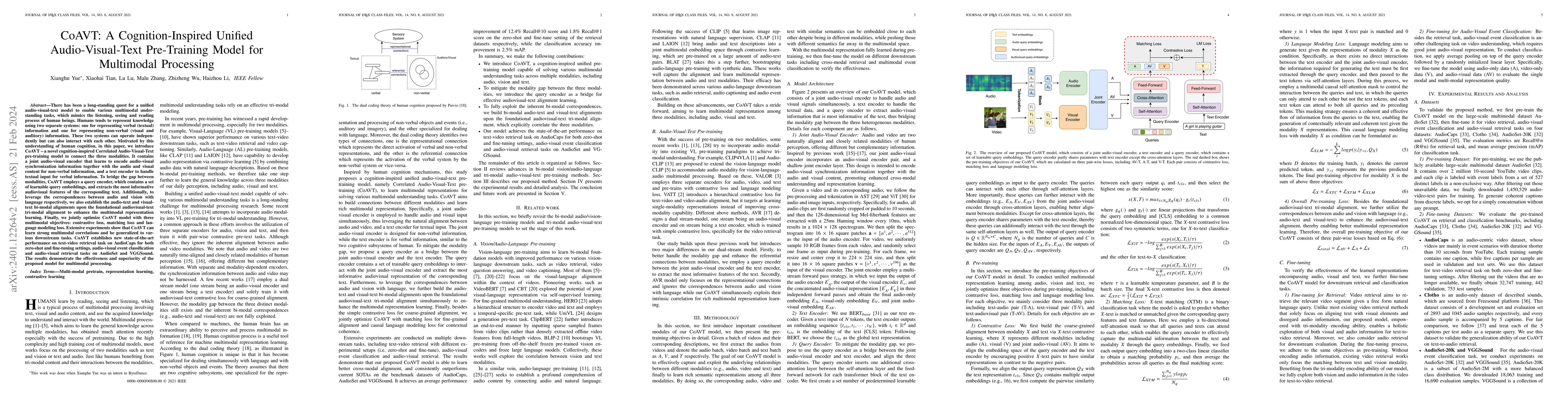 Thumbnail for CoAVT: A Cognition-Inspired Unified Audio-Visual-Text Pre-Training Model
  for Multimodal Processing