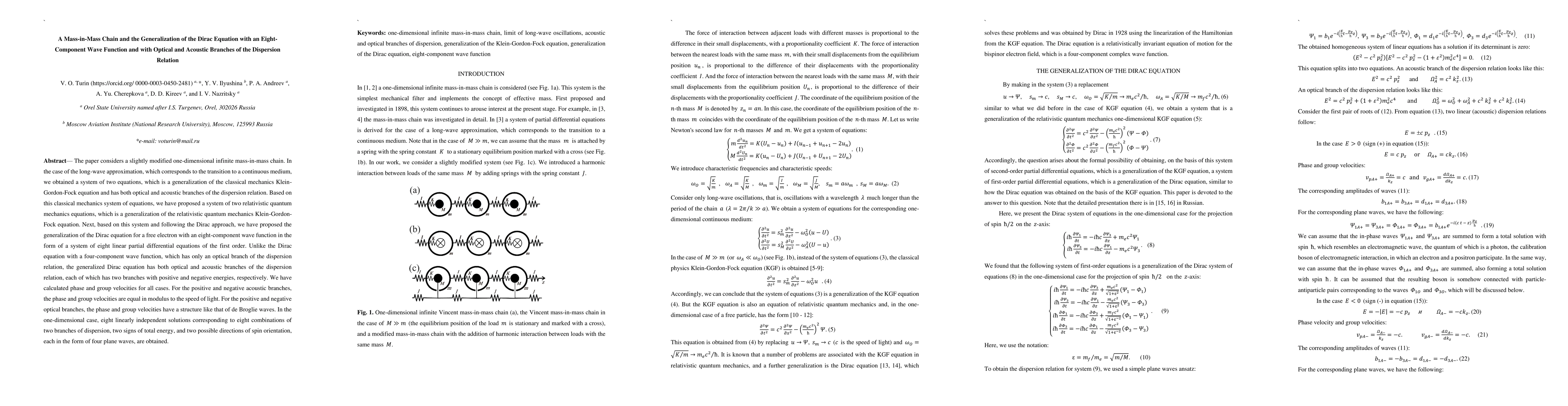 Thumbnail for A Mass-in-Mass Chain and the Generalization of the Dirac Equation with
  an Eight-Component Wave Function and with Optical and Acoustic Branches of
  the Dispersion Relation