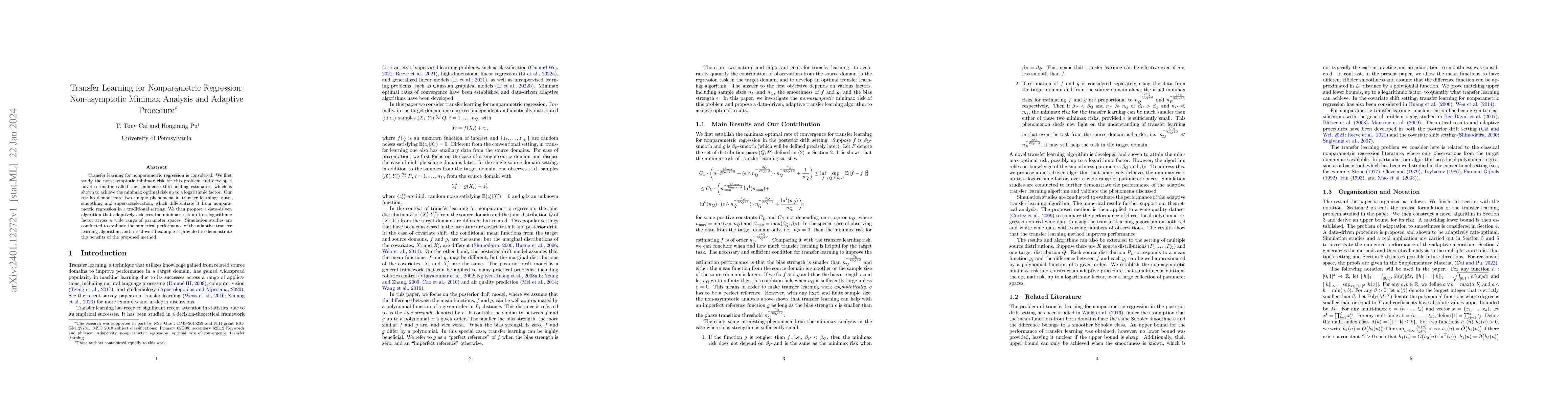 Thumbnail for Transfer Learning for Nonparametric Regression: Non-asymptotic Minimax
  Analysis and Adaptive Procedure