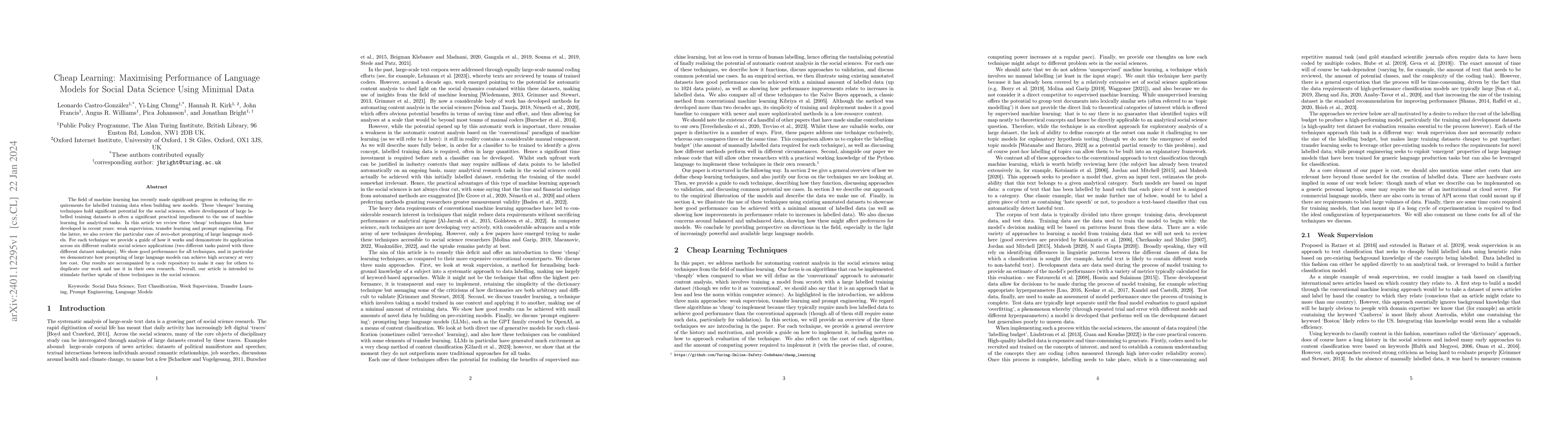 Thumbnail for Cheap Learning: Maximising Performance of Language Models for Social
  Data Science Using Minimal Data