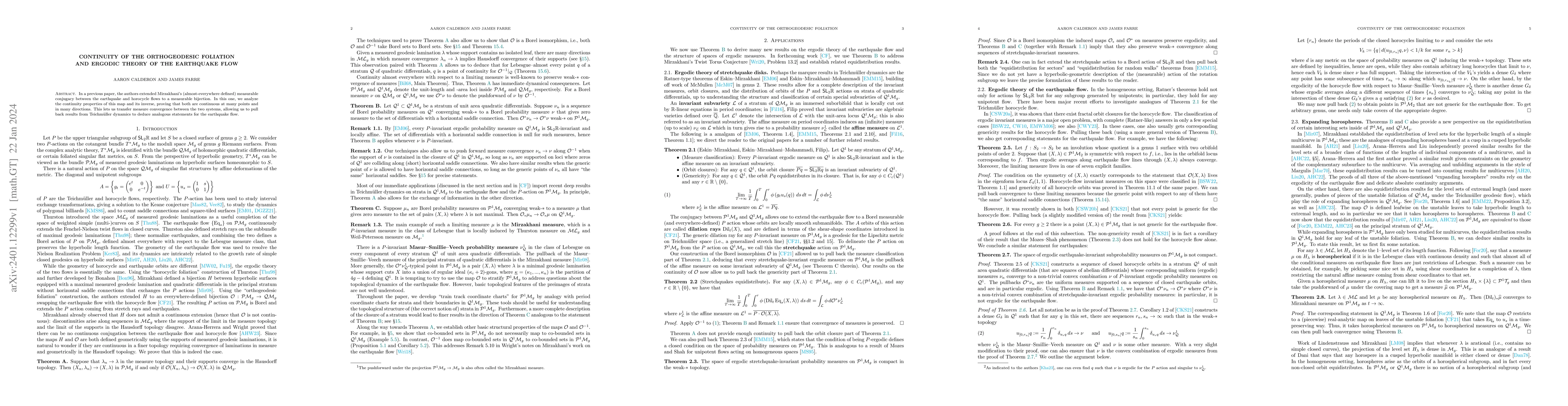 Thumbnail for Continuity of the orthogeodesic foliation and ergodic theory of the
  earthquake flow
