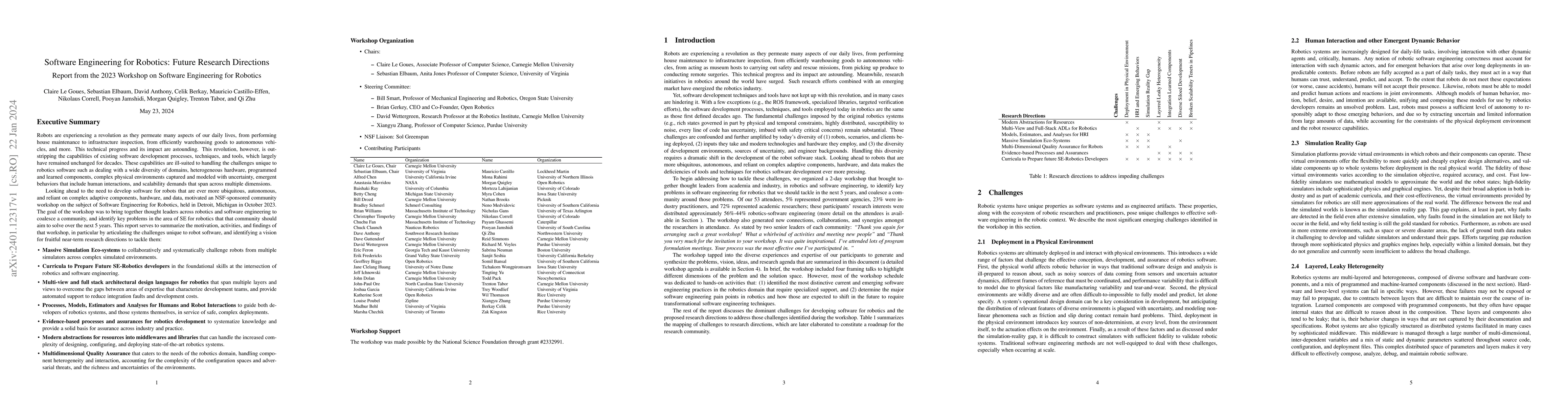 Thumbnail for Software Engineering for Robotics: Future Research Directions; Report
  from the 2023 Workshop on Software Engineering for Robotics