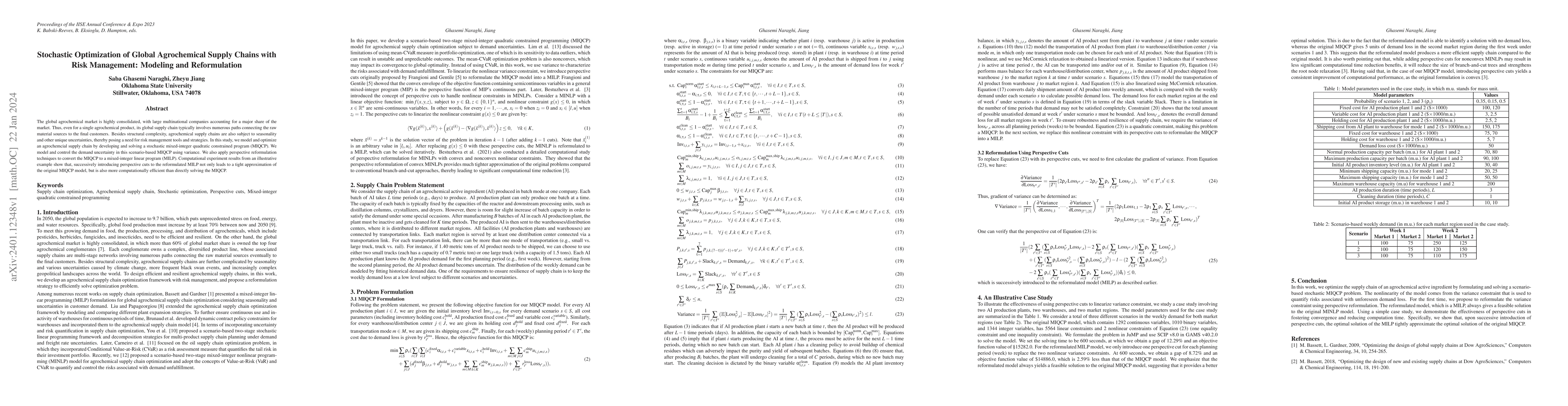 Thumbnail for Stochastic Optimization of Global Agrochemical Supply Chains with Risk
  Management: Modeling and Reformulation
