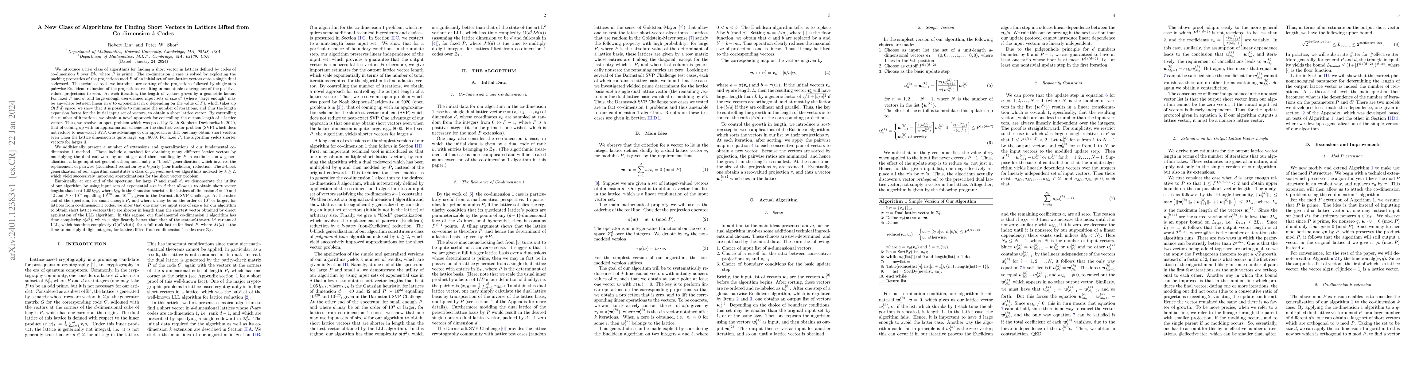 Thumbnail for A New Class of Algorithms for Finding Short Vectors in Lattices Lifted
  from Co-dimension $k$ Codes