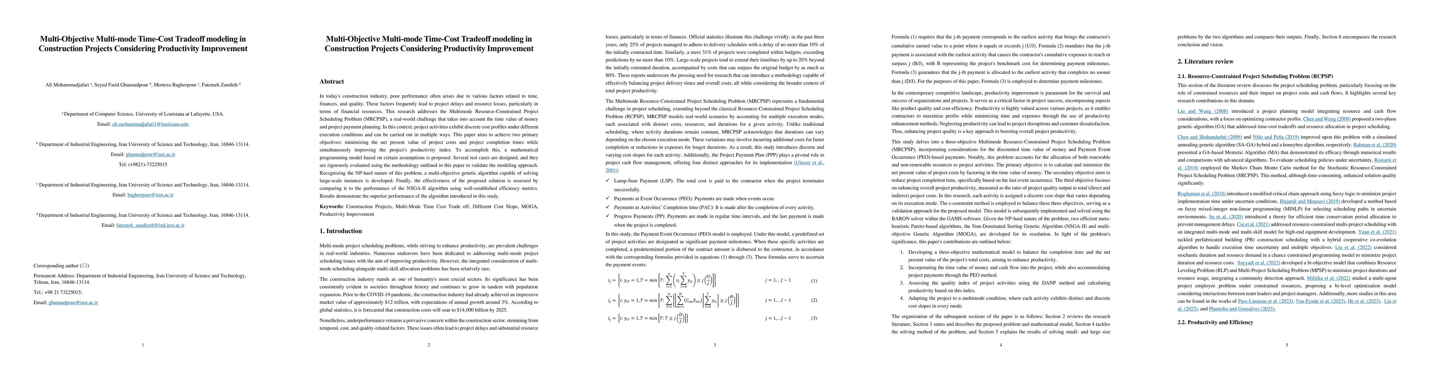 Thumbnail for Multi-Objective Multi-mode Time-Cost Tradeoff modeling in Construction
  Projects Considering Productivity Improvement
