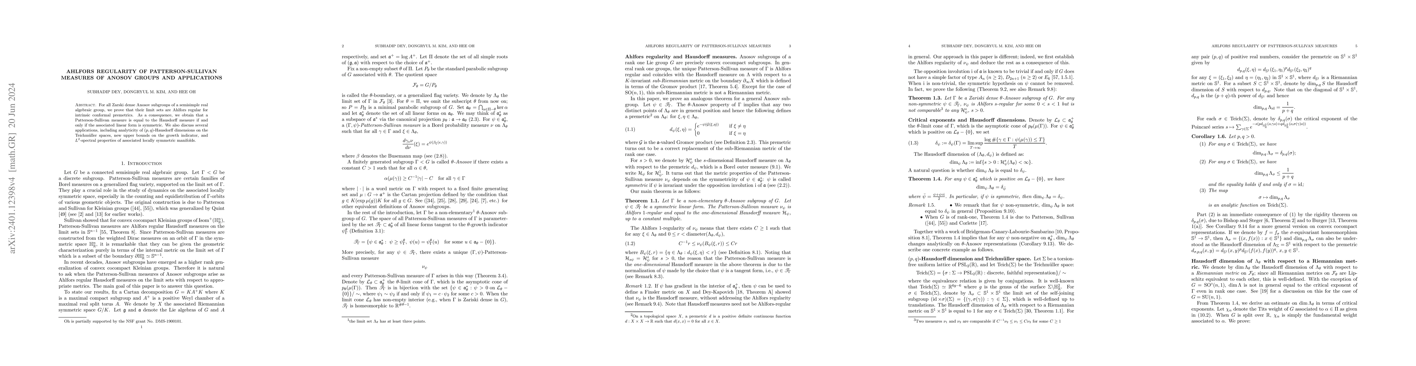 Thumbnail for Ahlfors regularity of Patterson-Sullivan measures of Anosov groups and
  applications