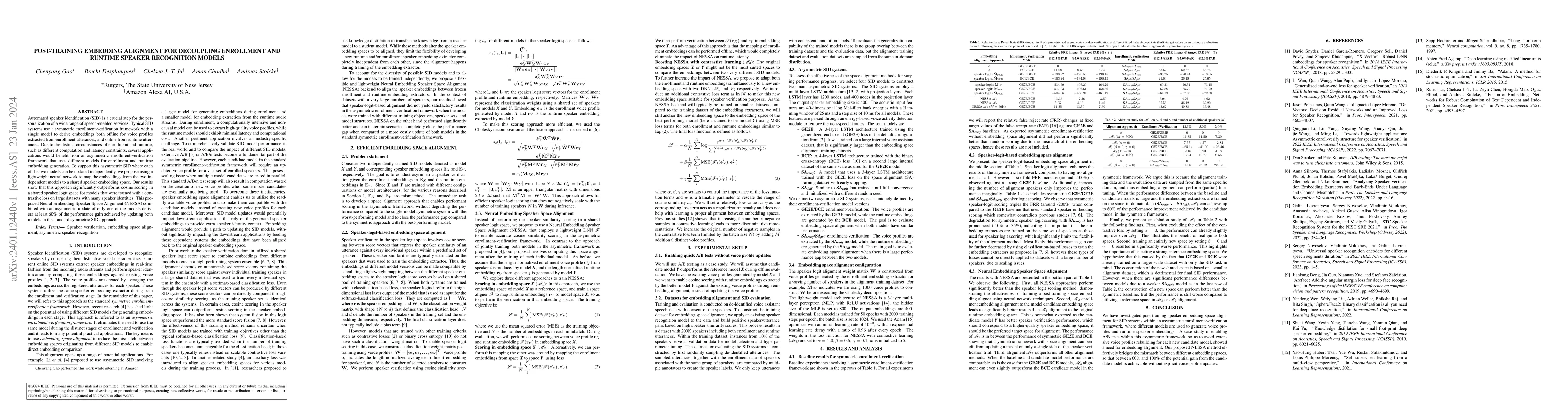 Thumbnail for Post-Training Embedding Alignment for Decoupling Enrollment and Runtime
  Speaker Recognition Models