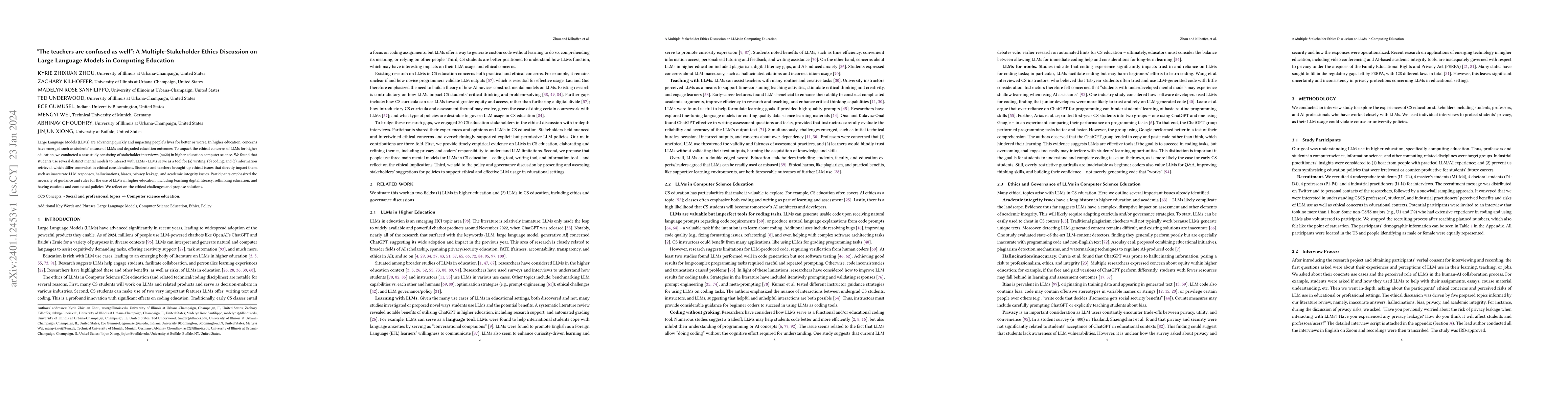 Thumbnail for "The teachers are confused as well": A Multiple-Stakeholder Ethics
  Discussion on Large Language Models in Computing Education