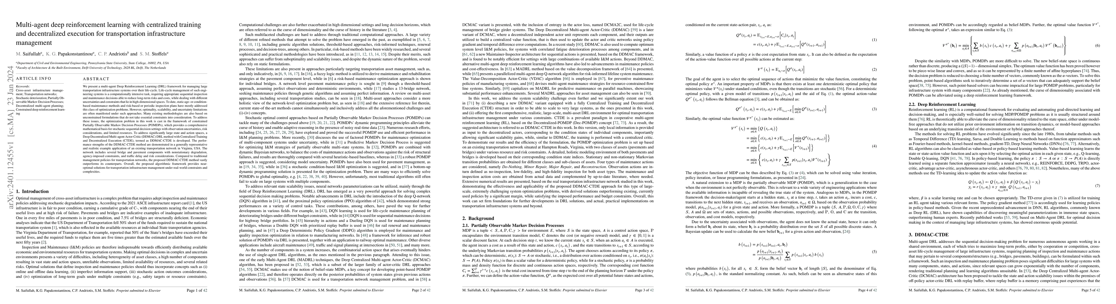 Thumbnail for Multi-agent deep reinforcement learning with centralized training and
  decentralized execution for transportation infrastructure management