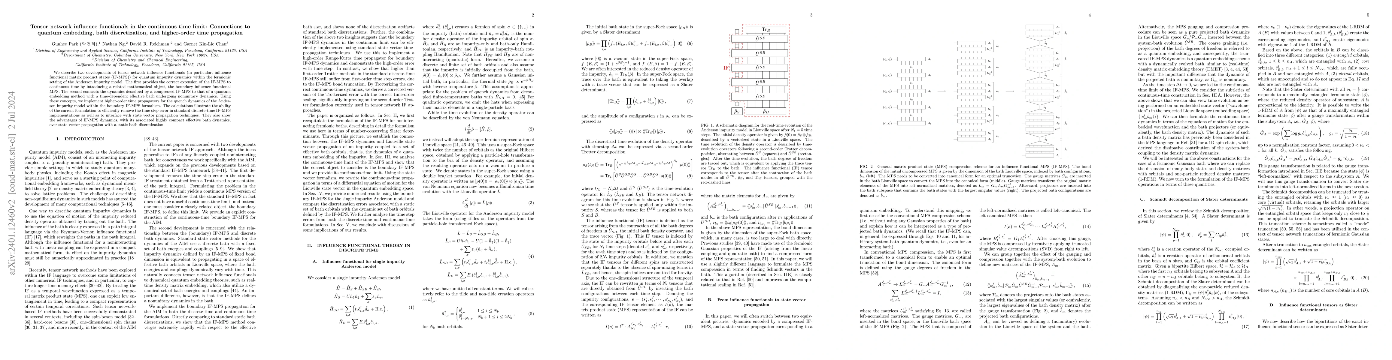 Thumbnail for Tensor network influence functionals in the continuous-time limit:
  connections to quantum embedding, bath discretization, and higher-order time
  propagation