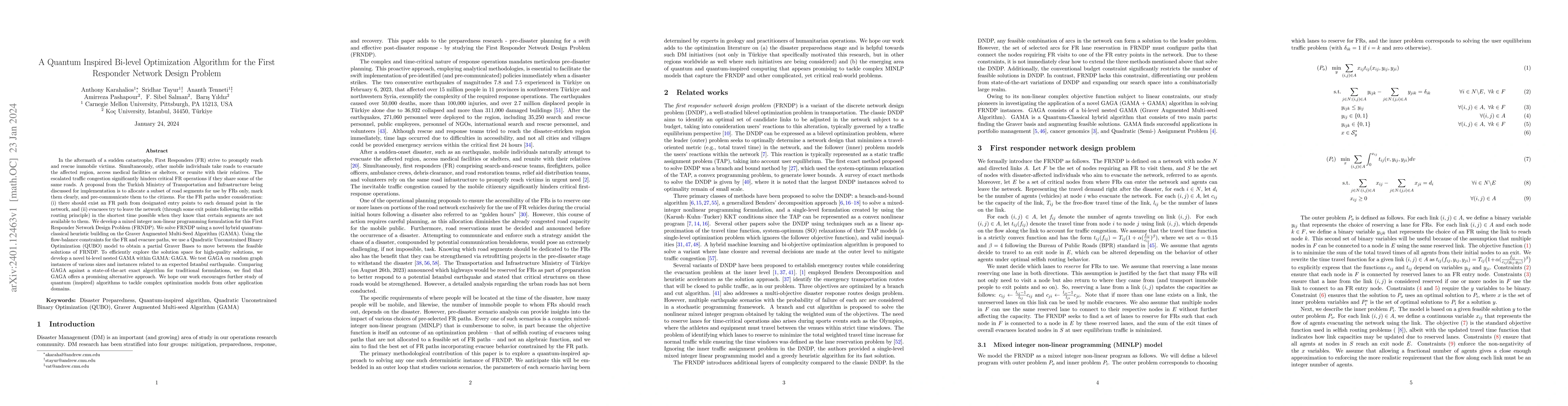 Thumbnail for A Quantum Inspired Bi-level Optimization Algorithm for the First
  Responder Network Design Problem