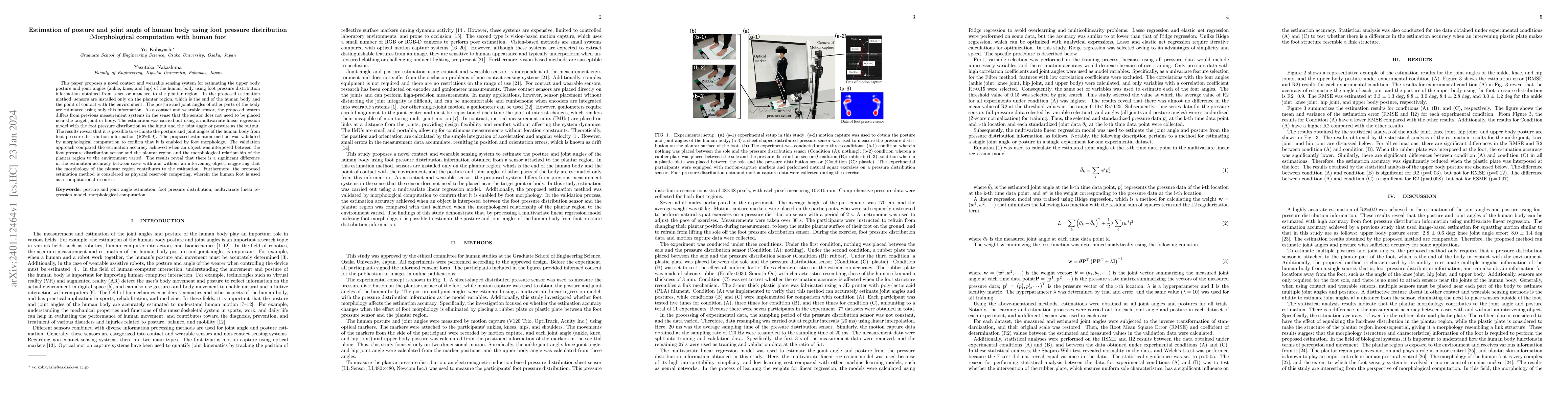 Thumbnail for Estimation of posture and joint angle of human body using foot pressure
  distribution: Morphological computation with human foot