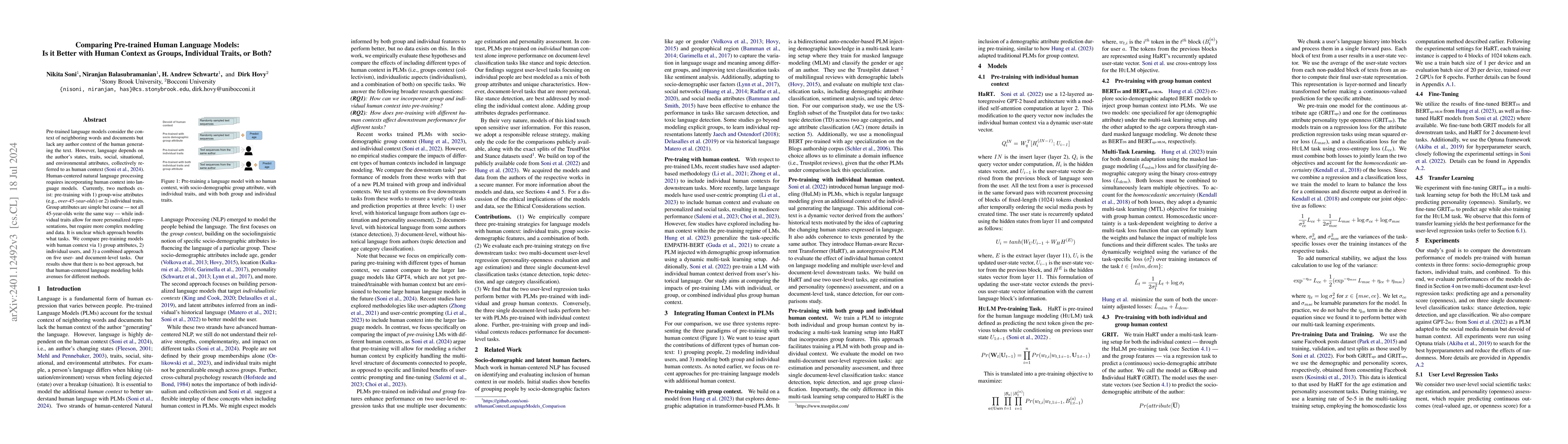 Thumbnail for Comparing Pre-trained Human Language Models: Is it Better with Human
  Context as Groups, Individual Traits, or Both?