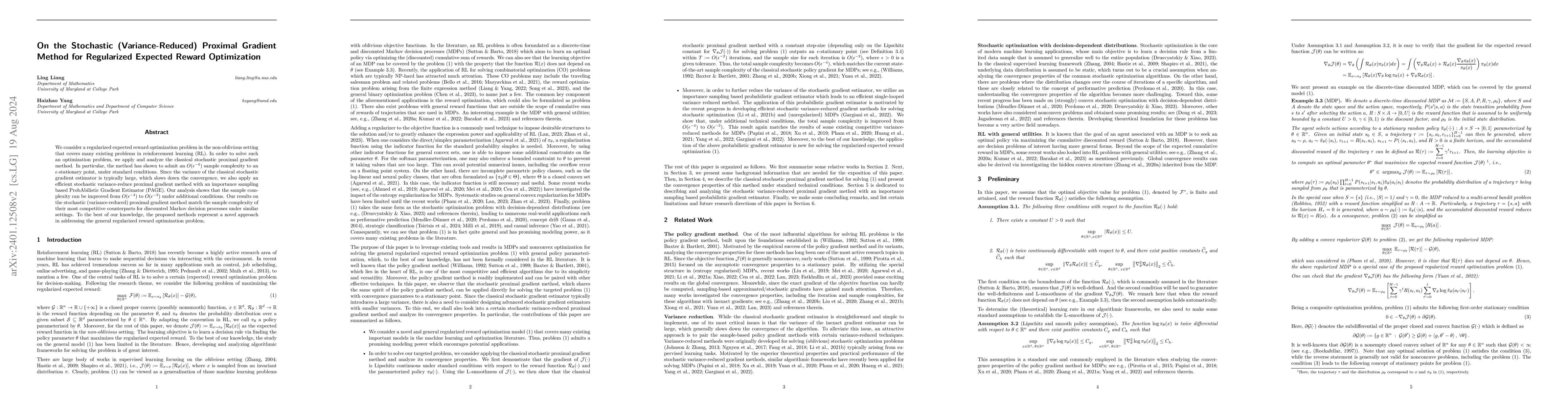 Thumbnail for On the Stochastic (Variance-Reduced) Proximal Gradient Method for
  Regularized Expected Reward Optimization