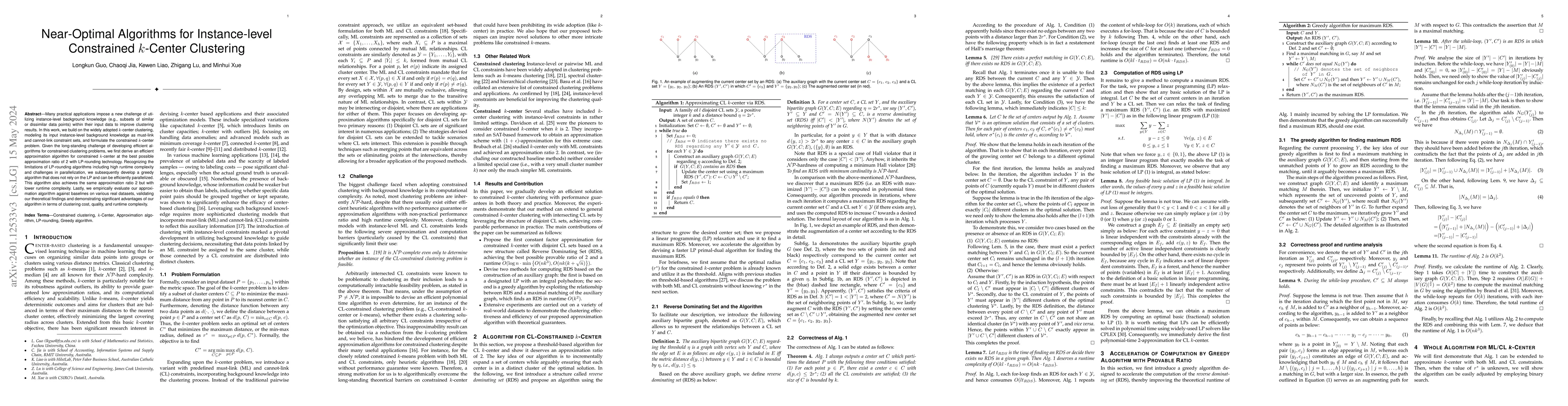 Thumbnail for Near-Optimal Algorithms for Constrained k-Center Clustering with
  Instance-level Background Knowledge