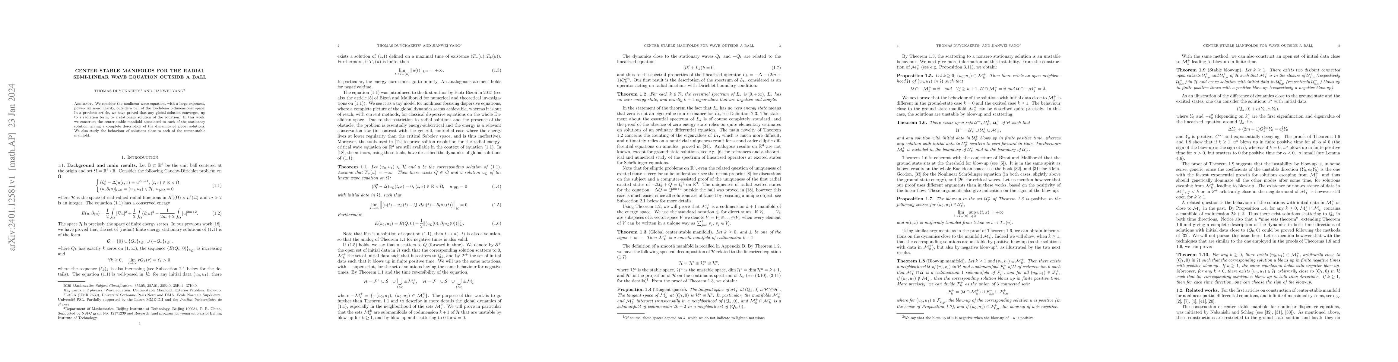 Thumbnail for Center stable manifolds for the radial semi-linear wave equation outside
  a ball