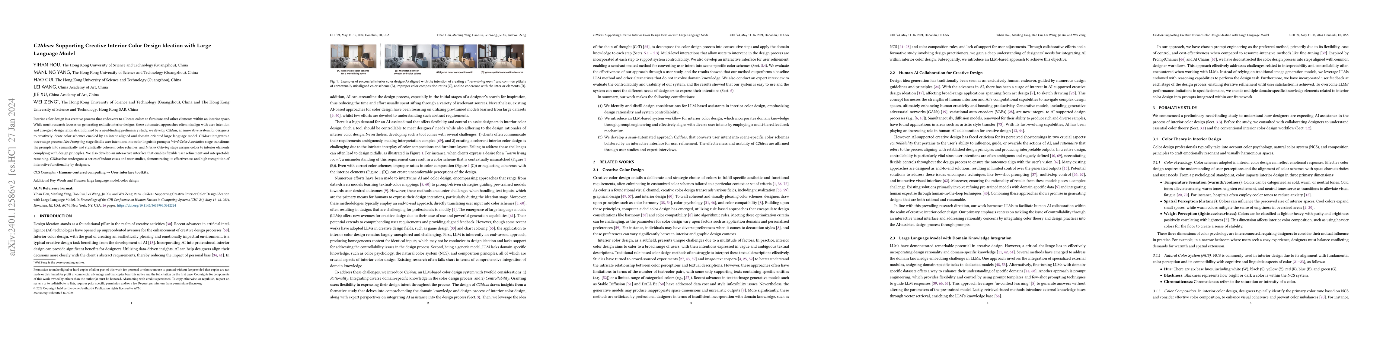 Thumbnail for C2Ideas: Supporting Creative Interior Color Design Ideation with Large
  Language Model